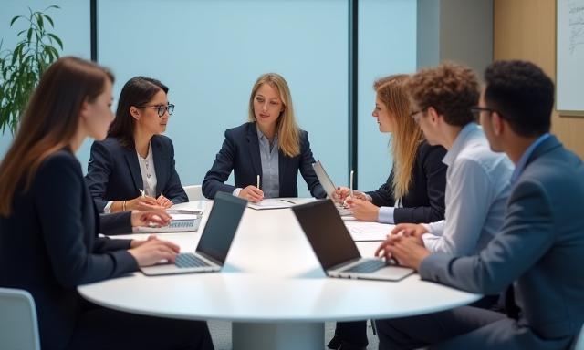 Profesionales en una reunión, símbolo de inglés de negocios.