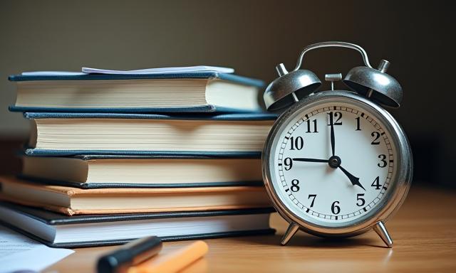 Libros de texto de preparación de exámenes y un reloj.