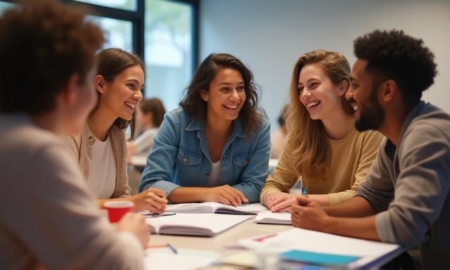 Estudiantes interactuando en una clase de inglés general.